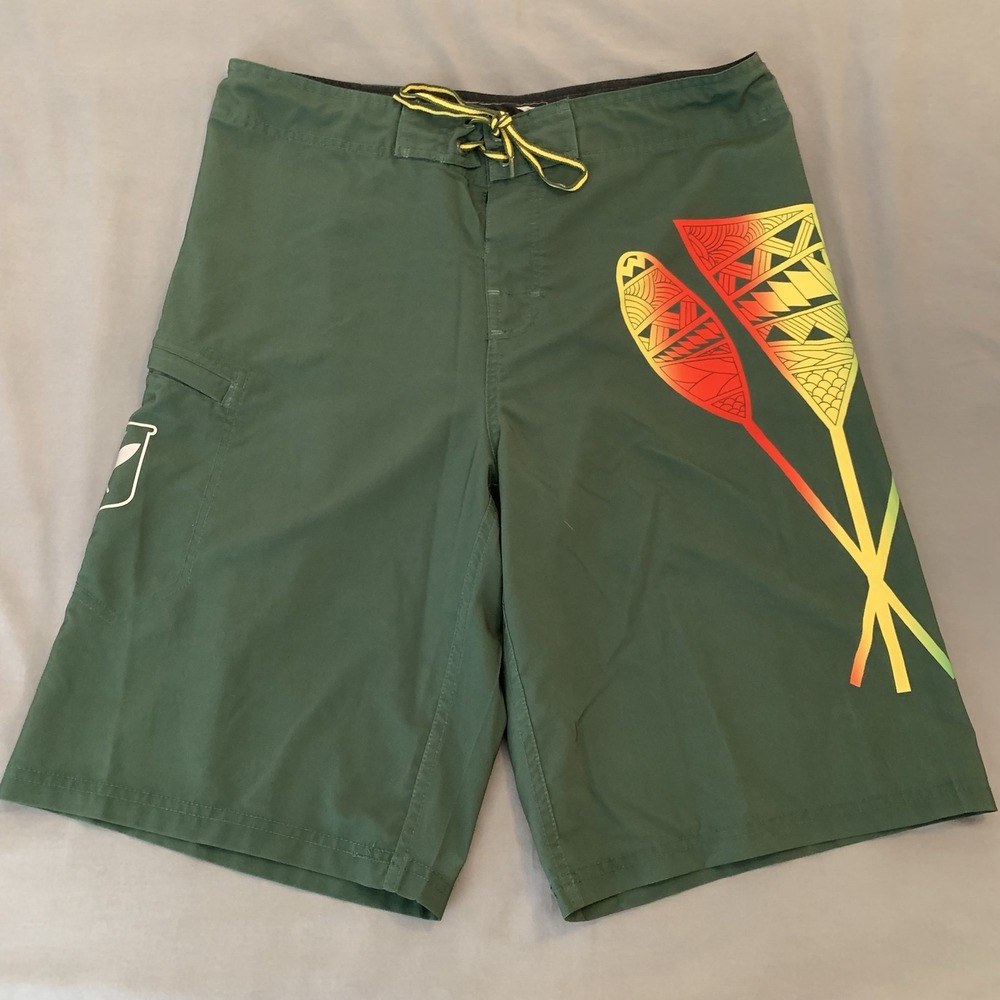 Wailoa Board Shorts Mens 32 Green Tribal Paddle Graphic Swim Trunks Surf Beach